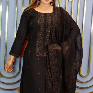 premium dark blackwith golden embroidery cotton 3 piece