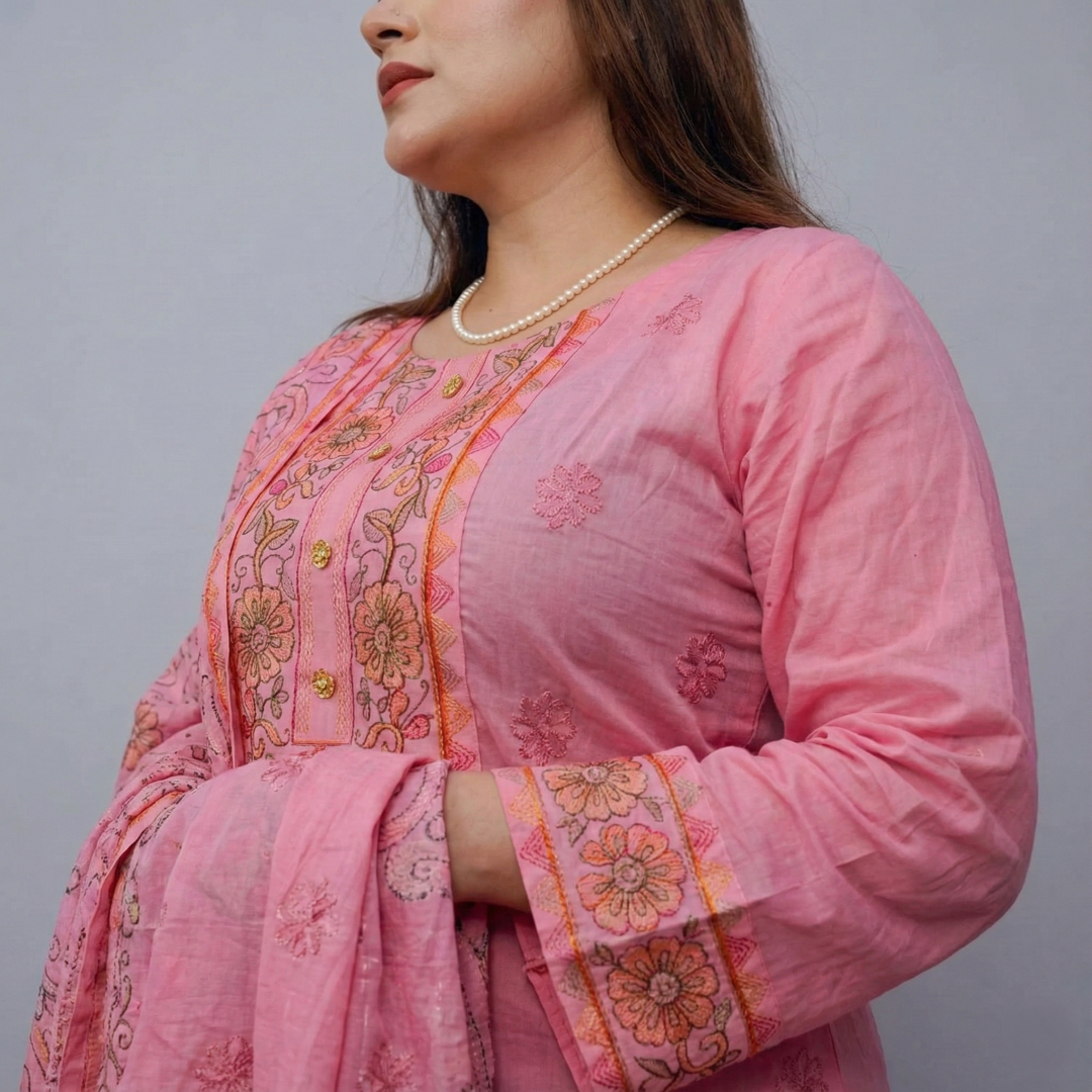 premium soft pastel pink,floral embroidery coton 3 piece premium soft pastel pink,floral embroidery coton 3 piece