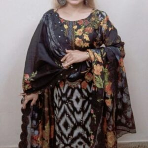 elegant floral and ikat inspired prints on a dark black base