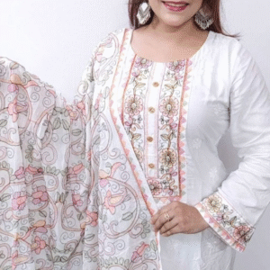 white embroidery with floral and paisley premium cotton 3 piece