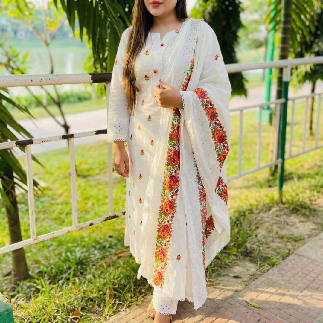 white base contrasted with vibrant, multi colored floral embroidery white base contrasted with vibrant, multi colored floral embroidery