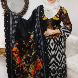 elegant floral and ikat inspired prints on a dark black base